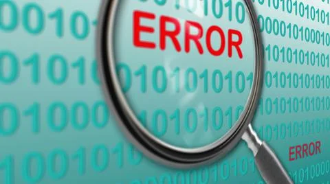 Close up of magnifying glass on error. Illustrazione stock