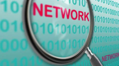 Close up of magnifying glass on network. Stock Illustration