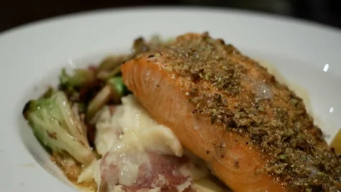 Close-up of the main course salmon inside The keg steakhouse and bar Video stock 235455643