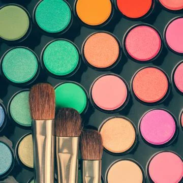 Close-up of make-up brushes on palette 스톡 사진