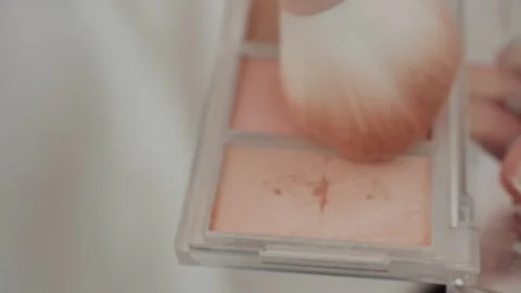 Close up of makeup brushes applying pink peach shades from compact blush palette Stock Footage 345851220