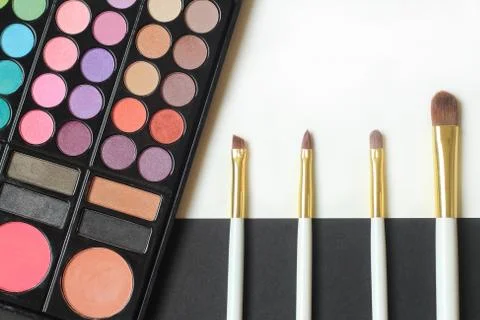 Close up. makeup brushes on black and white background Stock Photos