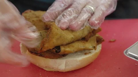 Close-Up of the Making of 2 Eggplant Parmesan Sandwiches Stock Footage 42710909