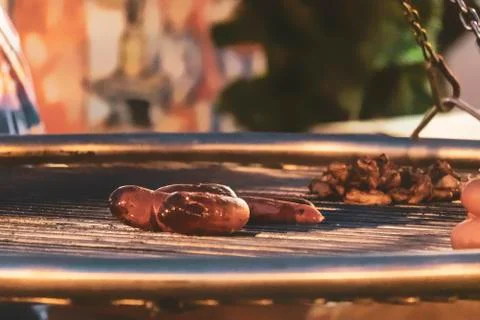 Close up making bbq meat grill in the night street Stock Photos
