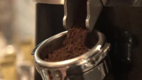 Close-up making of ground coffee in coffee grinder Stock Footage 200883362