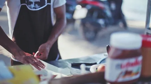 Close up of making pancake on the street of Samui by the beach. Thailand Video stock 82224146