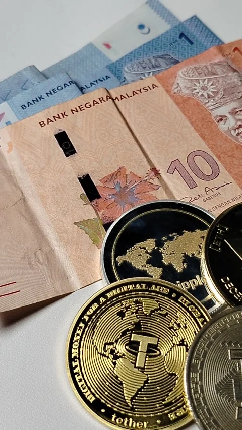 Close-up of Malaysian 1 Ringgit and 10 Ringgit banknotes with illustrations  Stock Footage 335643808