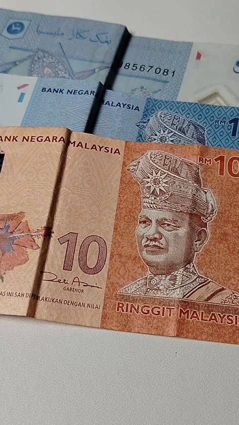 Close-up of Malaysian 1 Ringgit and 10 Ringgit banknotes Stock Footage 335643814