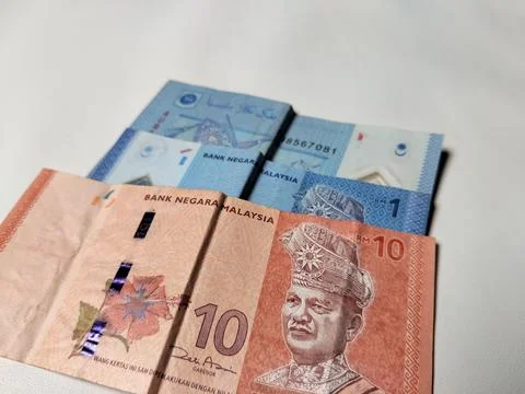 Close-up of Malaysian 1 Ringgit and 10 Ringgit banknotes Foto stock