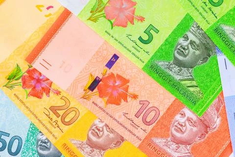 Close up of Malaysian ringgit banknotes cash different denominations Stock Photos