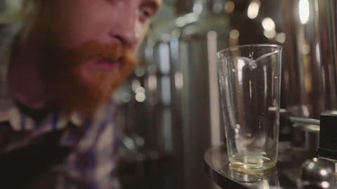 Close up Male brewer testing beer at brewery factory. 4k. Small business concept Stock Footage 115917178