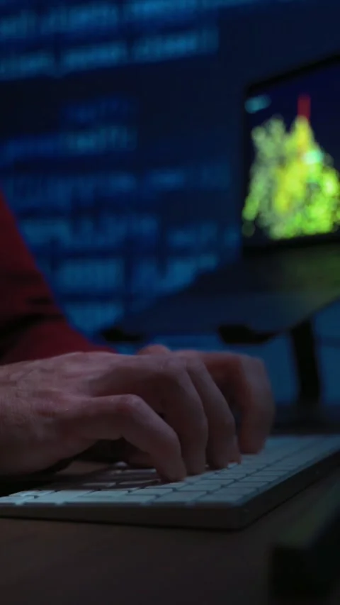 Close-up of male coder hands typing on a keyboard in a dark high-tech workspace Video stock 345446246