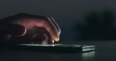 Close up male hand scroll smartphone screen social networks at night. Male hand Stock-Footage 238536375