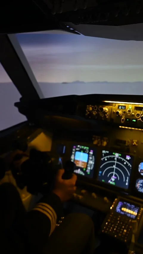 Close-up of male hands on the control panel of an airplane. Vertical video. Stock Footage 265241339