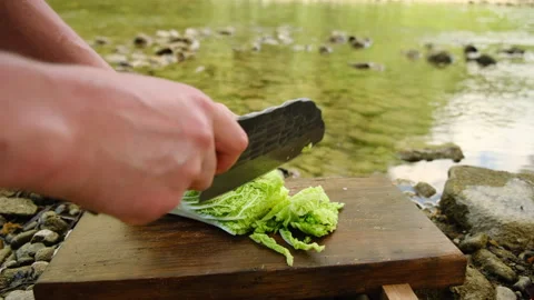 Close up of male hands cutting cabbage on wooden board near mountain river Stock Footage 333763377
