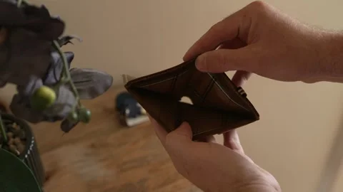 Close Up Of Male Hands Opening Empty Brown Leather Wallet Stock Footage 345320423