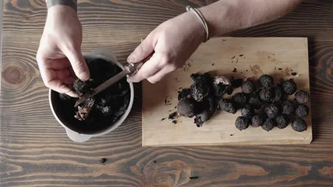 Close-up. male hands peel fresh walnut shell. peeling american black walnut.  動画素材 166330741