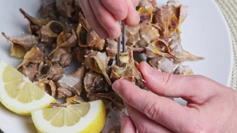 Close-up of male hands pulling a clam out of a shell Stock Footage 270975210