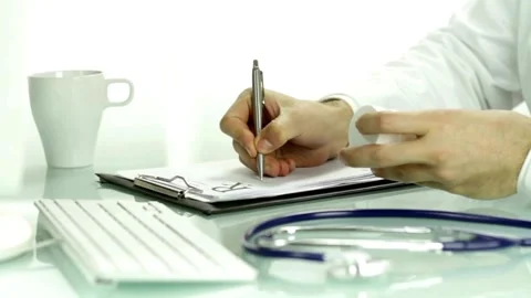 A close up of a male physician's hand writing out a prescription close up of Video stock 336587707