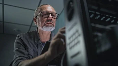 Close up of male system administrator setting up network equipment using tablet 写真素材