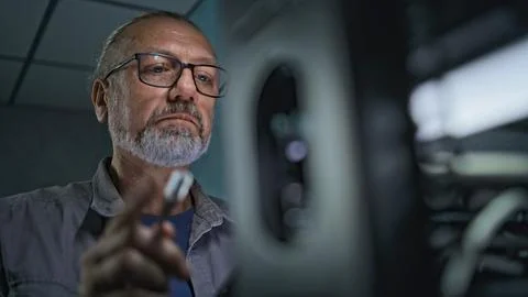 Close up of male system administrator setting up network equipment using tablet 库存照片