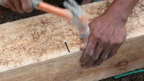 Close up of a male worker's hand holding a hammer to nail wood Stock Footage 307001968