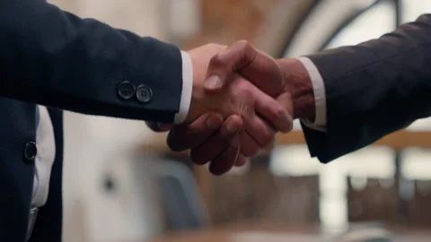 Close up males hands shake handshaking office negotiation hire candidate two Stock Footage 284825625