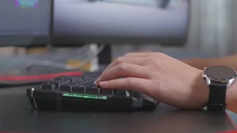 Close Up Of Male'S Hands Touching The Desktop Computer'S Keyboard While Working Stock Footage 233467268