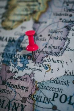 Close up of Malmö pinpointed on the world map Stock Photos