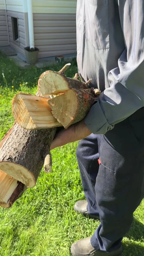 Close-up of a man carrying a heavy load of chopped firewood in his arms across Stock Footage 342793195