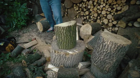 Close-up of a man chopping a log with an ax Stockbeeldmateriaal 251725050