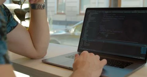 Close up Man coding html and programming on screen Monitors, development web Stock Photos