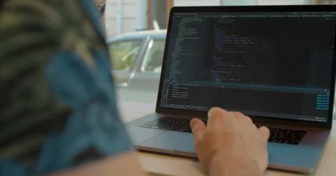 Close up Man coding html and programming on screen Monitors, development web Stock Photos