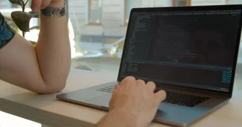 Close up Man coding html and programming on screen Monitors, development web Stock Photos