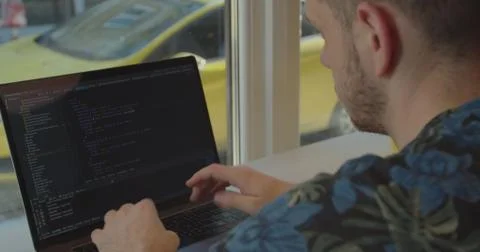Close up Man coding html and programming on screen Monitors, development web 写真素材
