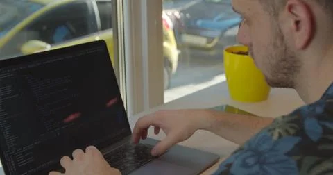 Close up Man coding html and programming on screen Monitors, development web 写真素材