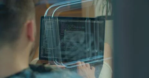 Close up Man coding html and programming on screen Monitors, development web Stock Photos