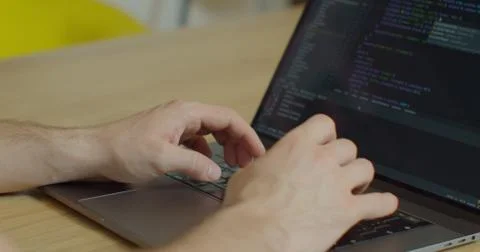 Close up Man coding html and programming on screen Monitors, development web Stock Photos