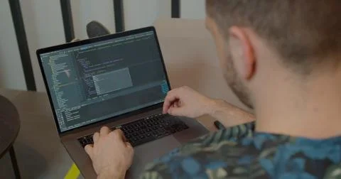 Close up Man coding html and programming on screen Monitors, development web Stock Photos