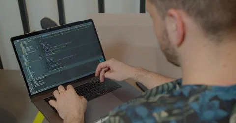 Close up Man coding html and programming on screen Monitors, development web Stock Photos