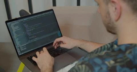 Close up Man coding html and programming on screen Monitors, development web Stock Photos