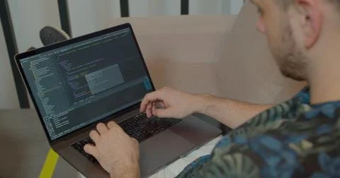 Close up Man coding html and programming on screen Monitors, development web Stock Photos