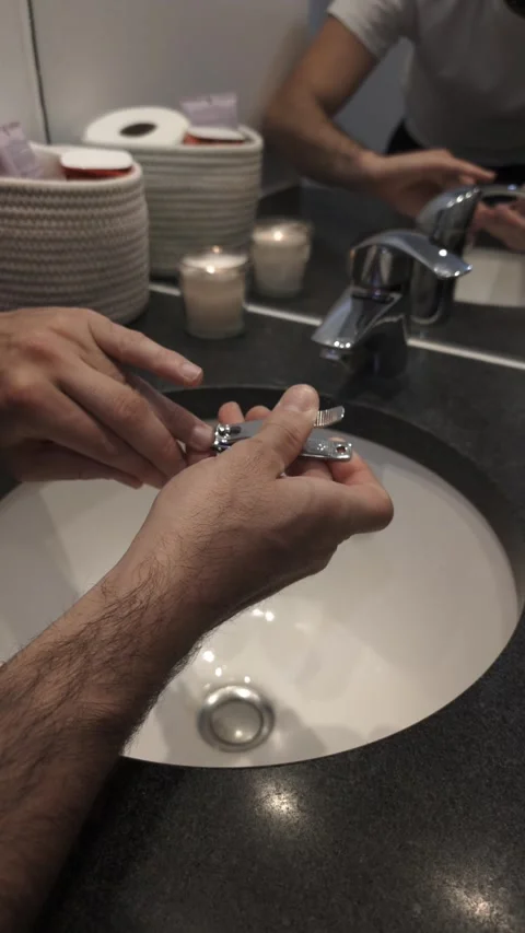Close-up of man cutting fingernails with clipper over bathroom sink Video stock 335637699