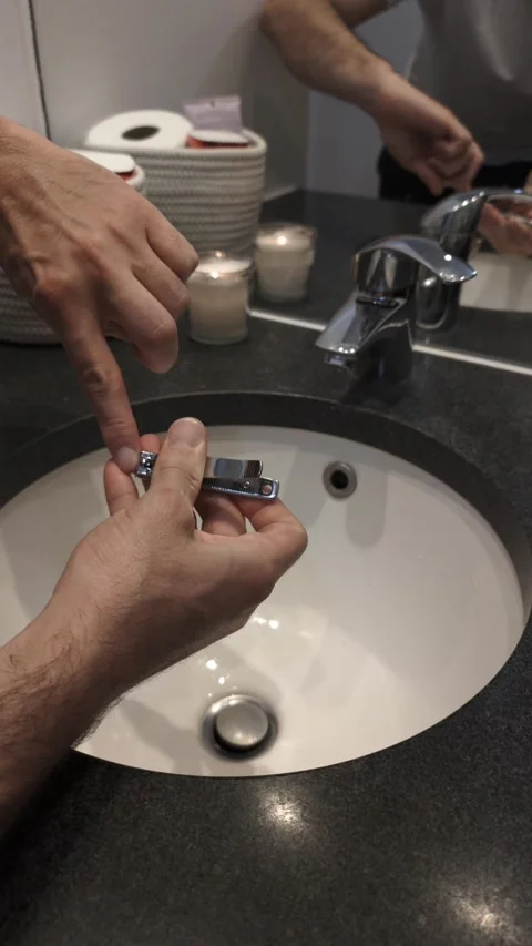 Close-up of man cutting fingernails over bathroom sink, grooming routine Video stock 335638167