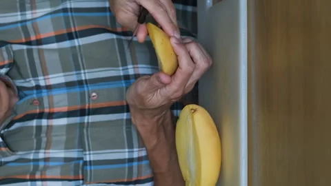 Close-up of man cutting mango into cubes indoors Stock Footage 269049615