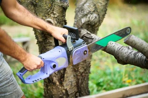 Close-up of man cutting trees using electrical chainsaw in motion Stock-Fotos