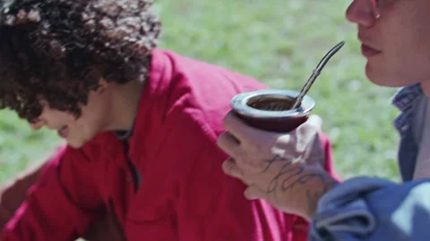 Close Up of Man Drinking Traditional Yerba Mate Tea with Girlfriend Outdoors Stock Footage 345386321