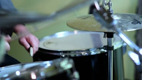 Close up on Man Drummer hands, Handsome musician playing drum set Stock Footage 104854957