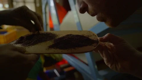 Close-up of A man examining and smelling the aroma of a processing tea Stock Footage 107212307