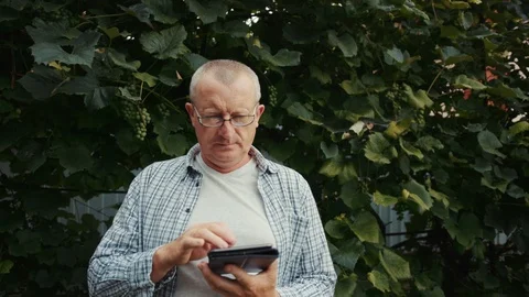 Close up man farmer with glasses use tablet computer stand grapes traceability Stock Footage 102774845